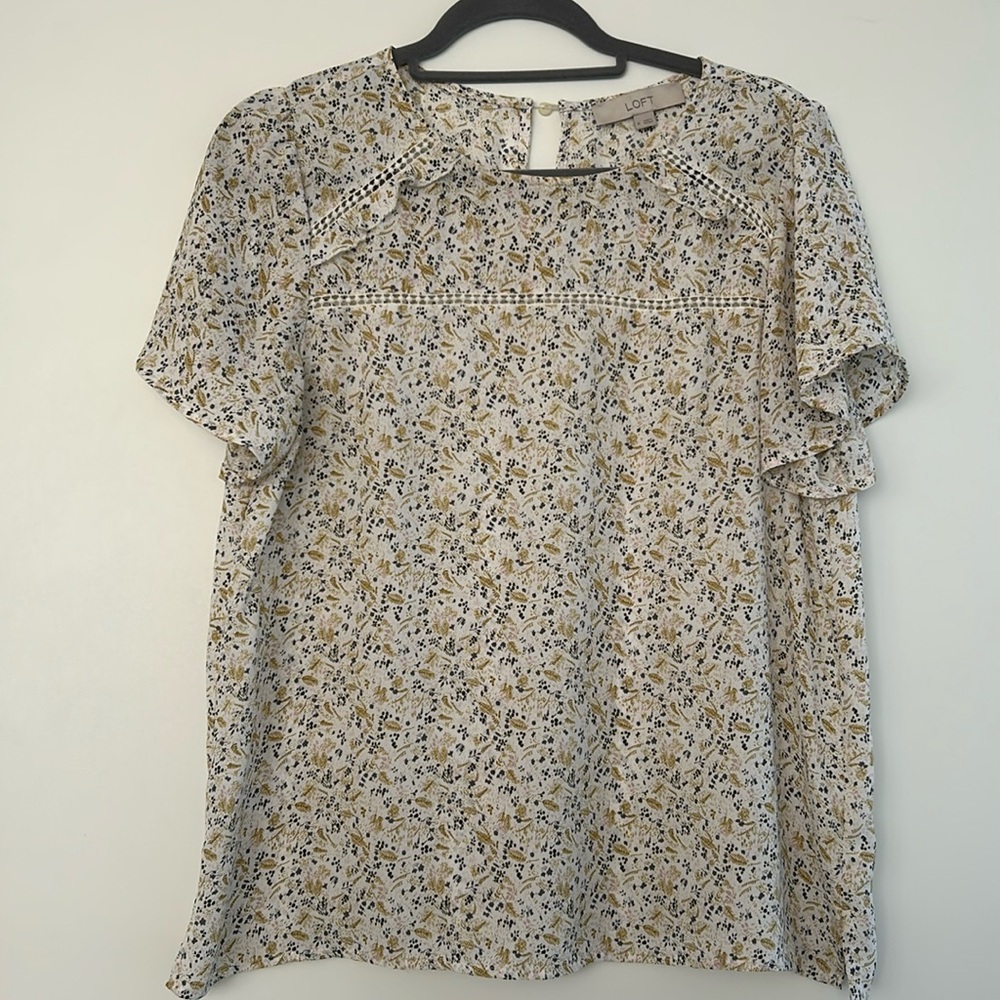 Loft Neutral Floral Boho Blouse with Small Crochet Detail & Flutter Slee…